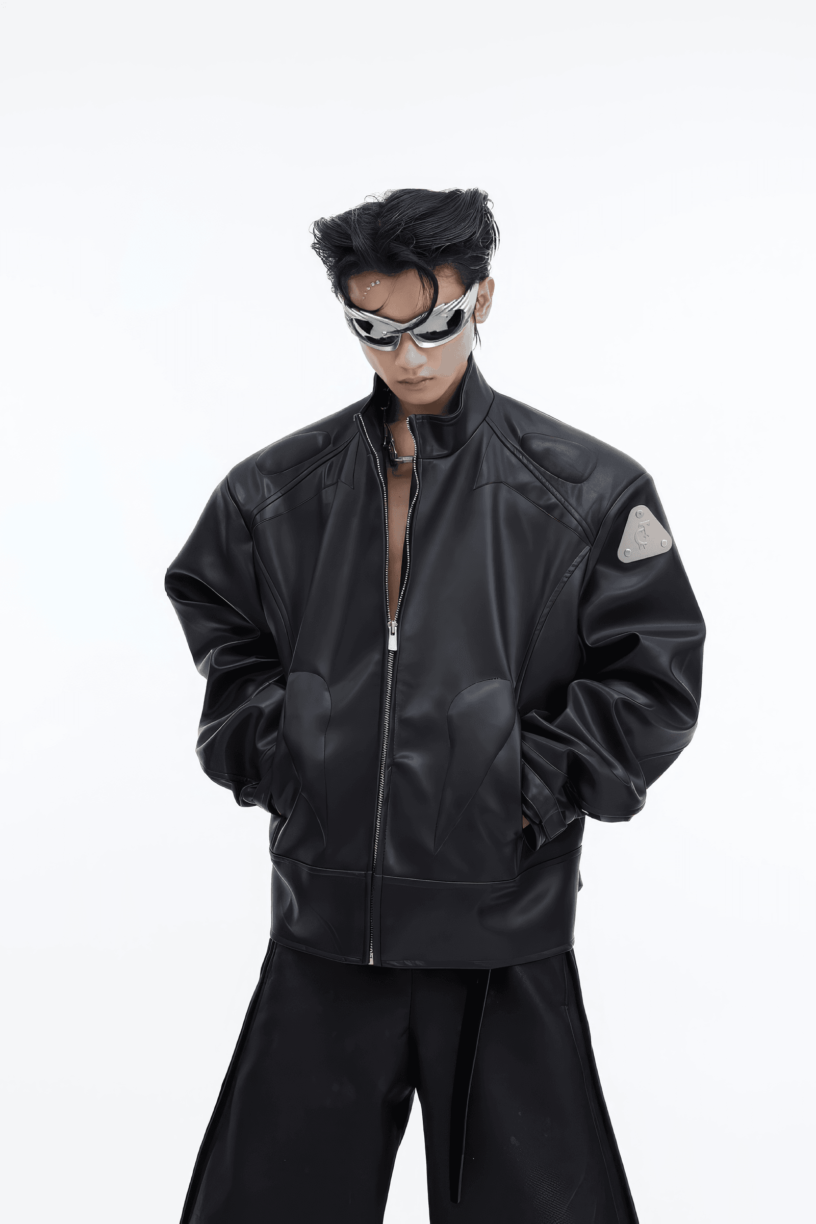 Short Leather Jacket – Modern Sculptural Design with Metal Logo - 4inme