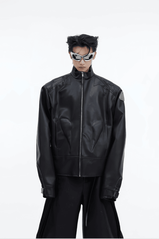 Short Leather Jacket – Modern Sculptural Design with Metal Logo - 4inme
