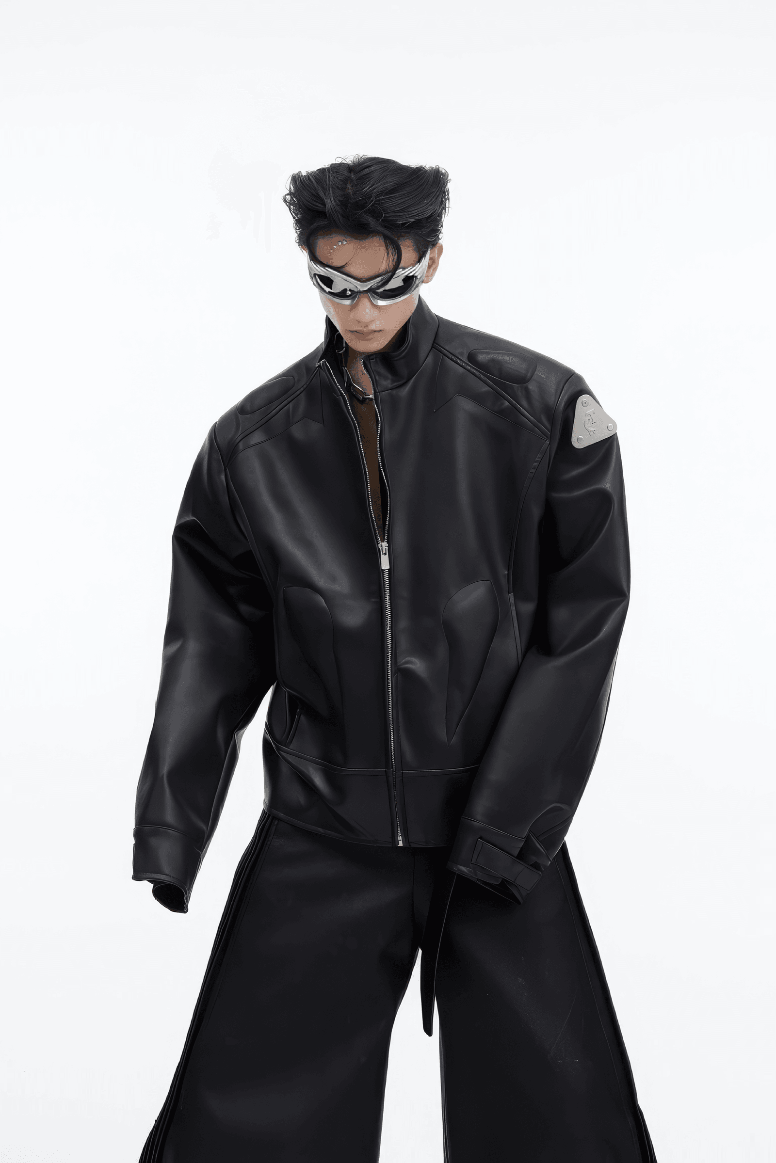 Short Leather Jacket – Modern Sculptural Design with Metal Logo - 4inme