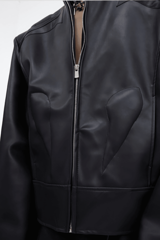 Short Leather Jacket – Modern Sculptural Design with Metal Logo - 4inme