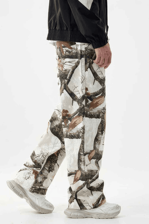 Stylish Tree Print Straight-Leg Denim Pants - Casual Wide-Leg Design for Men - 4inme