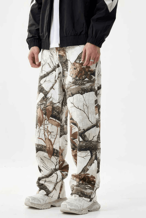 Stylish Tree Print Straight-Leg Denim Pants - Casual Wide-Leg Design for Men - 4inme