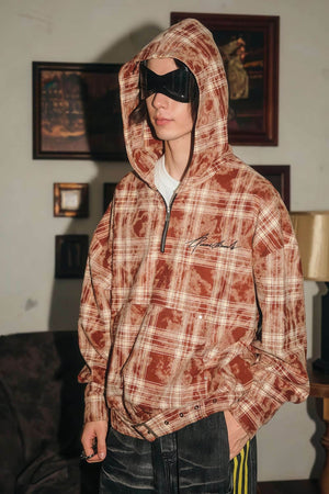 Tie-Dye Hoodie - Half-Zip Belted Checkered Loungewear - 4inme