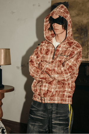 Tie-Dye Hoodie - Half-Zip Belted Checkered Loungewear - 4inme