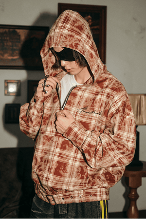 Tie-Dye Hoodie - Half-Zip Belted Checkered Loungewear - 4inme