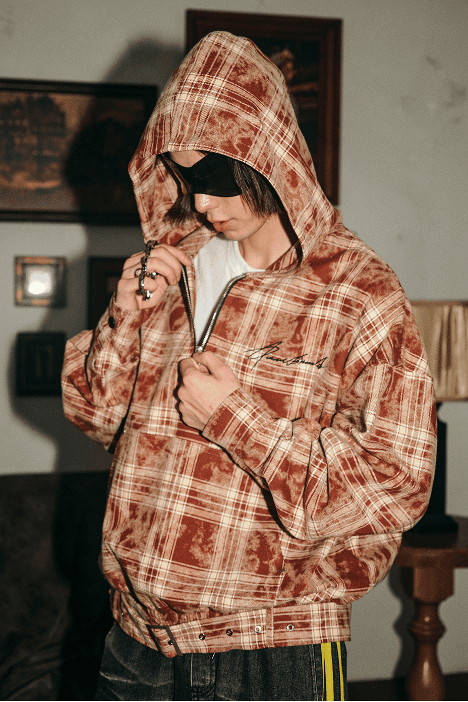 Tie-Dye Hoodie - Half-Zip Belted Checkered Loungewear - 4inme