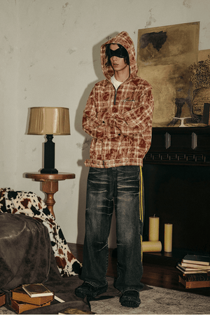 Tie-Dye Hoodie - Half-Zip Belted Checkered Loungewear - 4inme