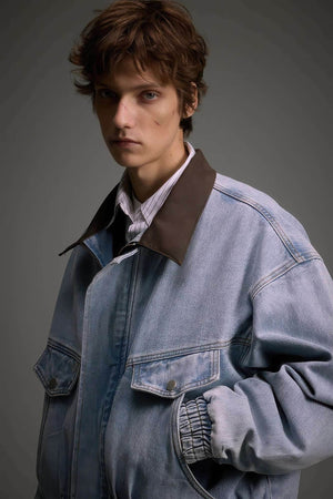 Vintage Washed Denim Jacket with Color Block Collar, American Streetwear Style - 4inme