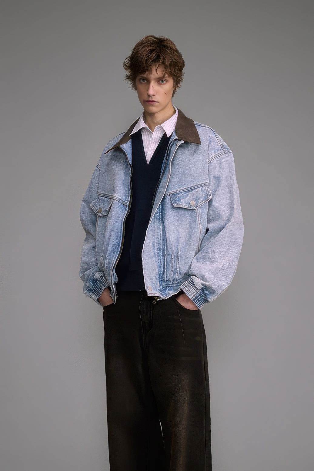 Vintage Washed Denim Jacket with Color Block Collar, American Streetwear Style - 4inme