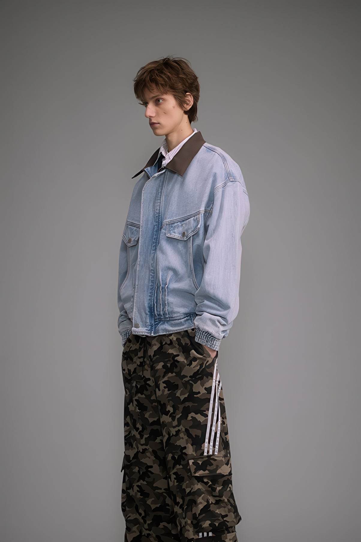 Vintage Washed Denim Jacket with Color Block Collar, American Streetwear Style - 4inme