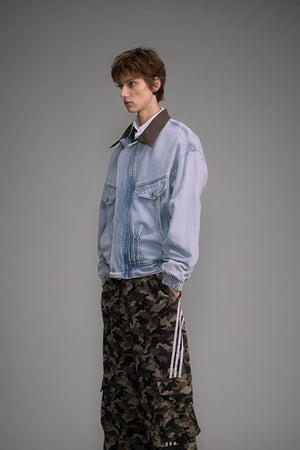 Vintage Washed Denim Jacket with Color Block Collar, American Streetwear Style - 4inme