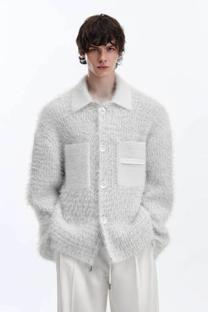 White Chunky Knit Cardigan - Ceramic Button & Shawl Collar Design - 4inme