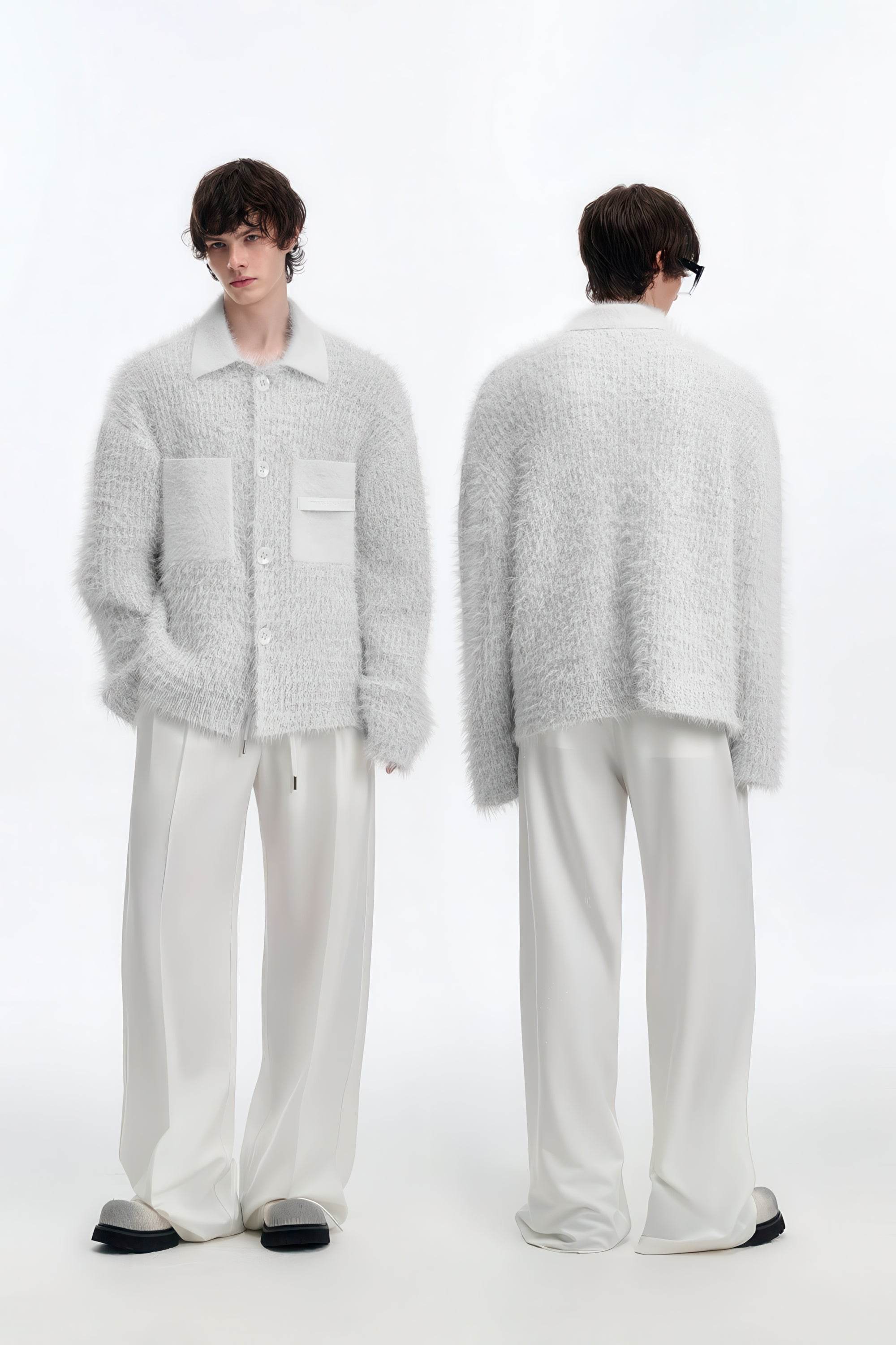 White Chunky Knit Cardigan - Ceramic Button & Shawl Collar Design - 4inme