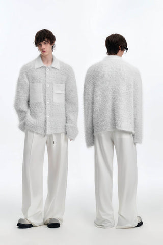 White Chunky Knit Cardigan - Ceramic Button & Shawl Collar Design - 4inme