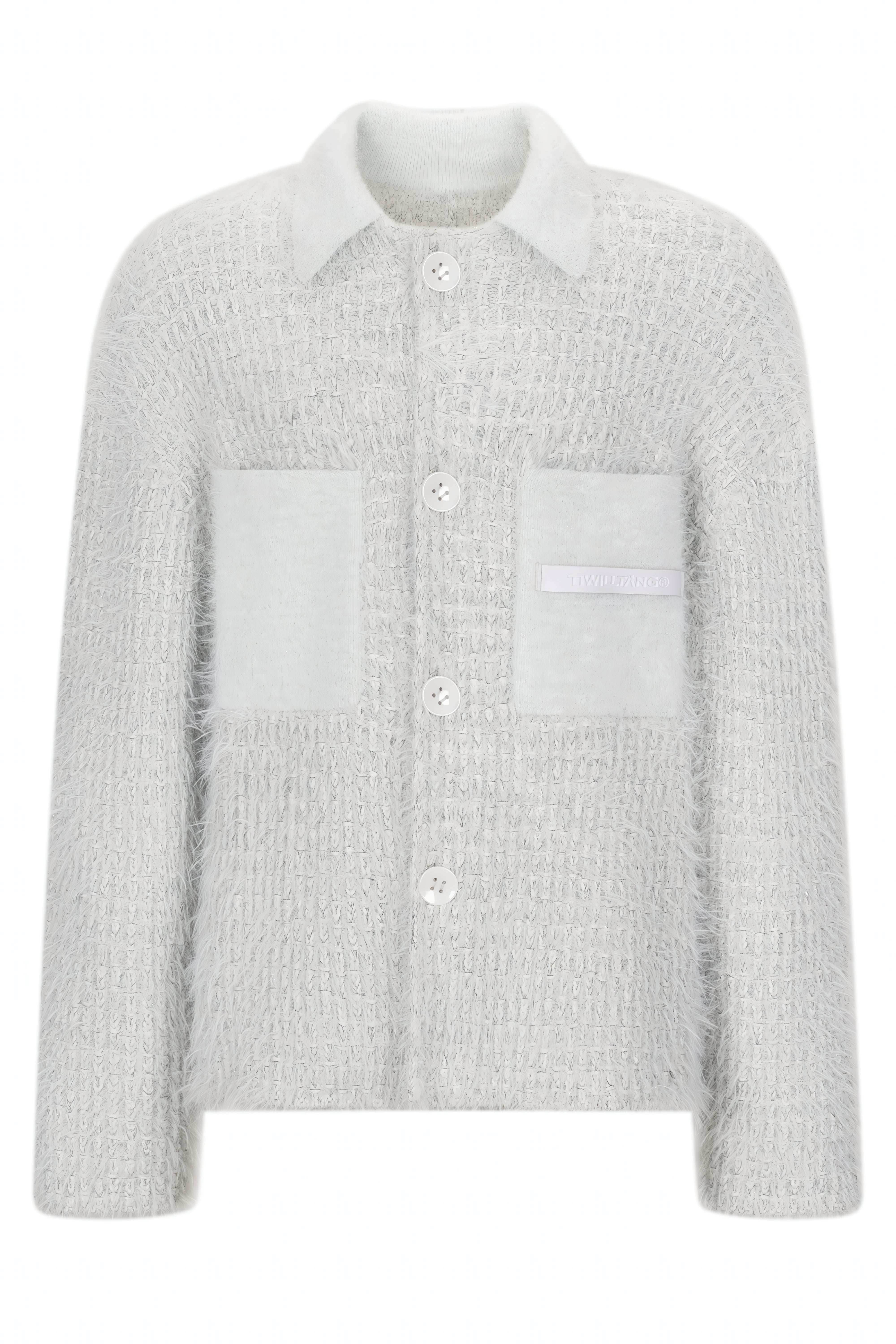 White Chunky Knit Cardigan - Ceramic Button & Shawl Collar Design - 4inme