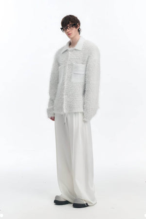 White Chunky Knit Cardigan - Ceramic Button & Shawl Collar Design - 4inme