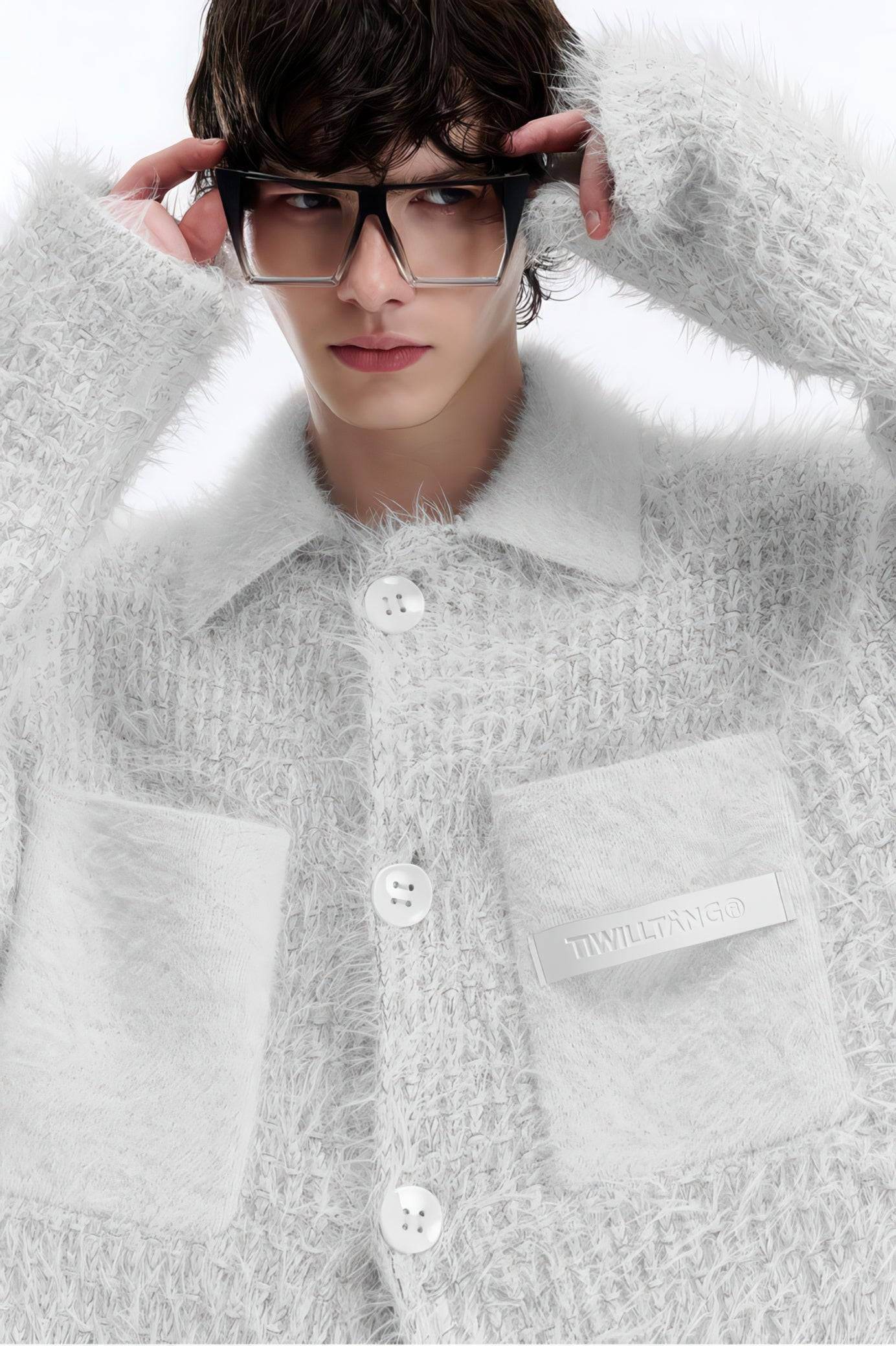 White Chunky Knit Cardigan - Ceramic Button & Shawl Collar Design - 4inme