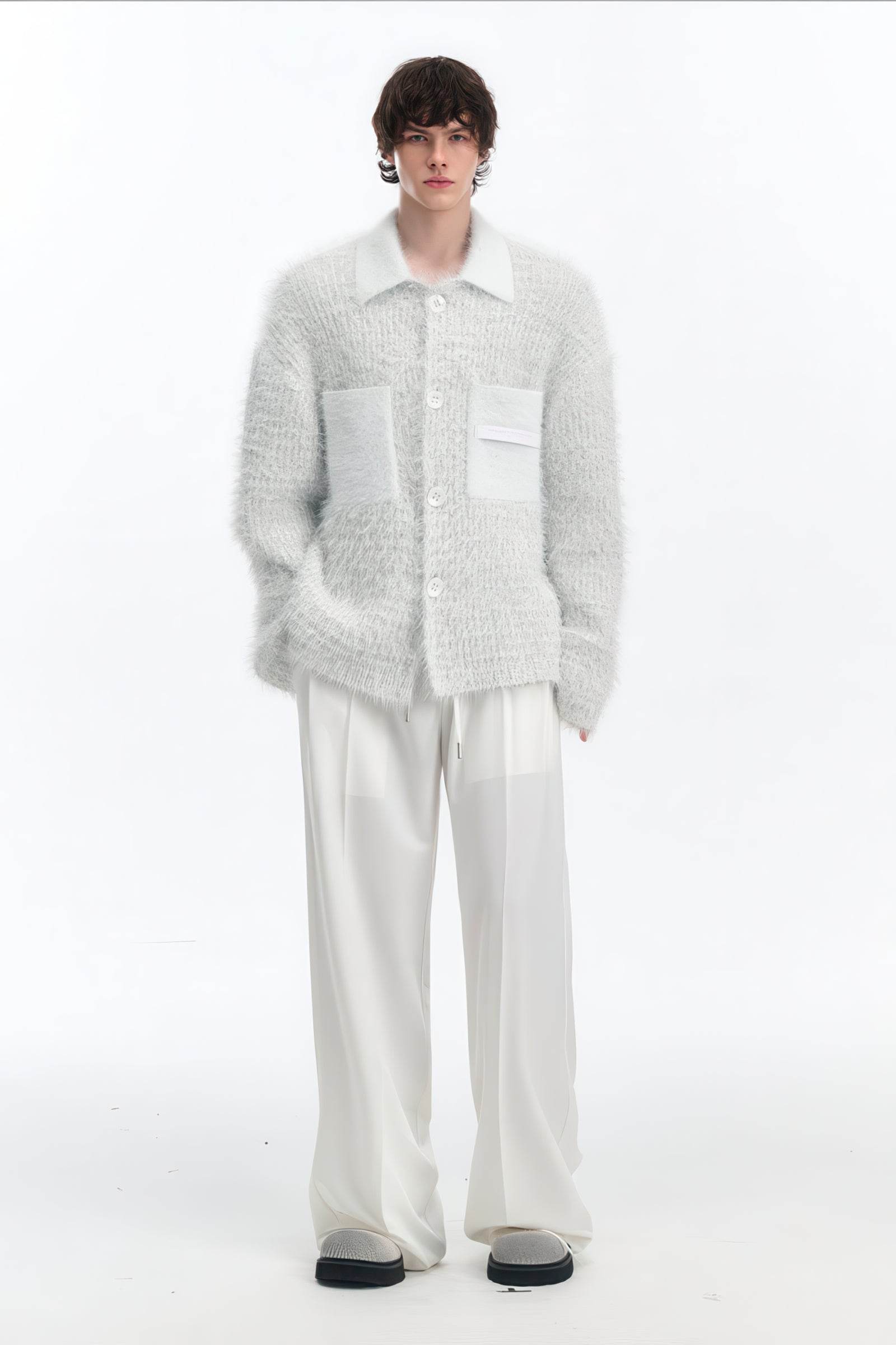 White Chunky Knit Cardigan - Ceramic Button & Shawl Collar Design - 4inme