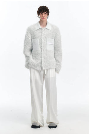White Chunky Knit Cardigan - Ceramic Button & Shawl Collar Design - 4inme