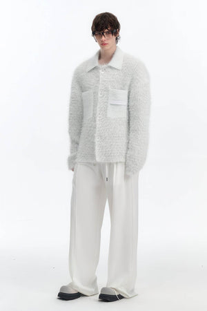 White Chunky Knit Cardigan - Ceramic Button & Shawl Collar Design - 4inme