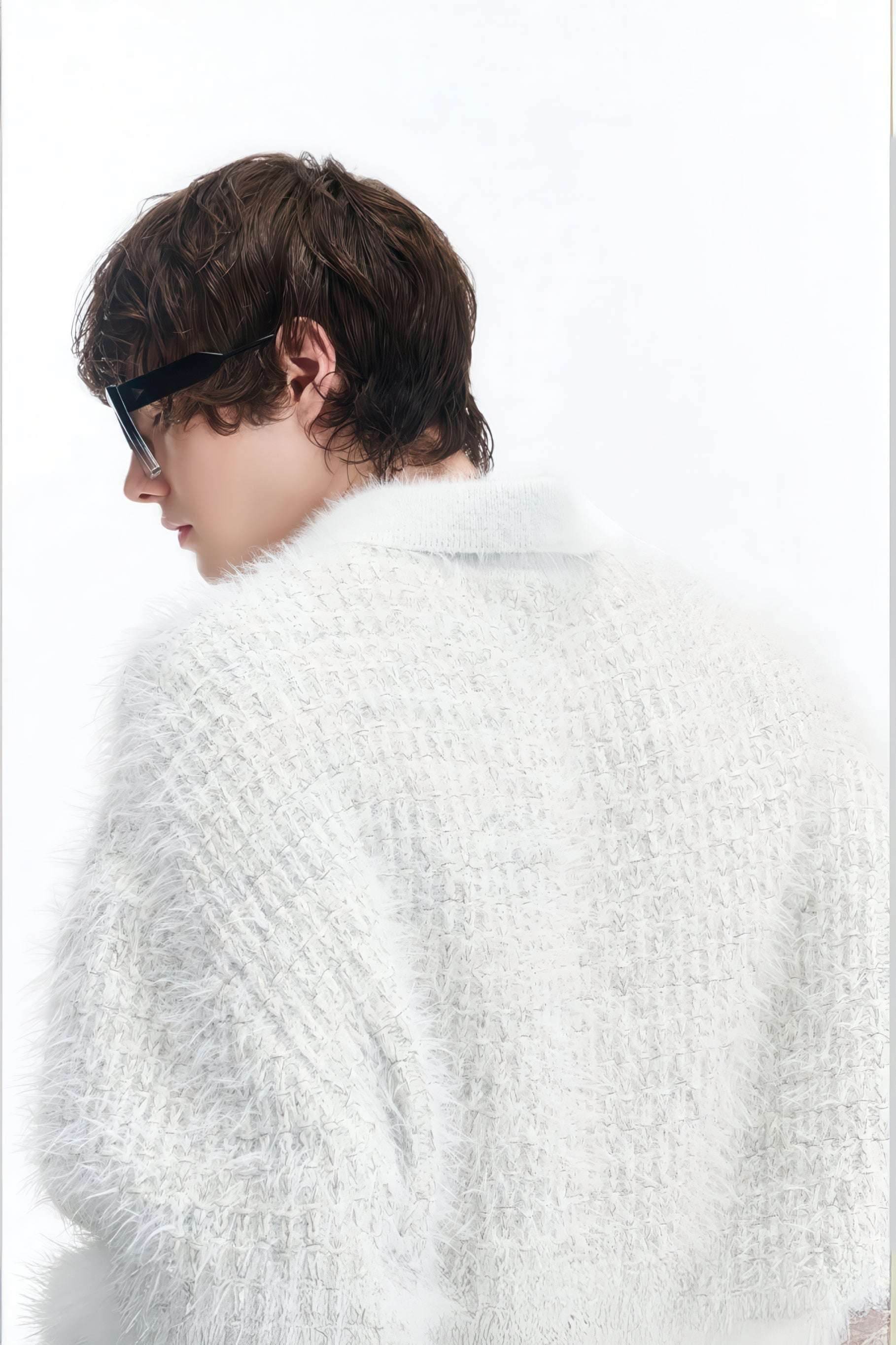 White Chunky Knit Cardigan - Ceramic Button & Shawl Collar Design - 4inme