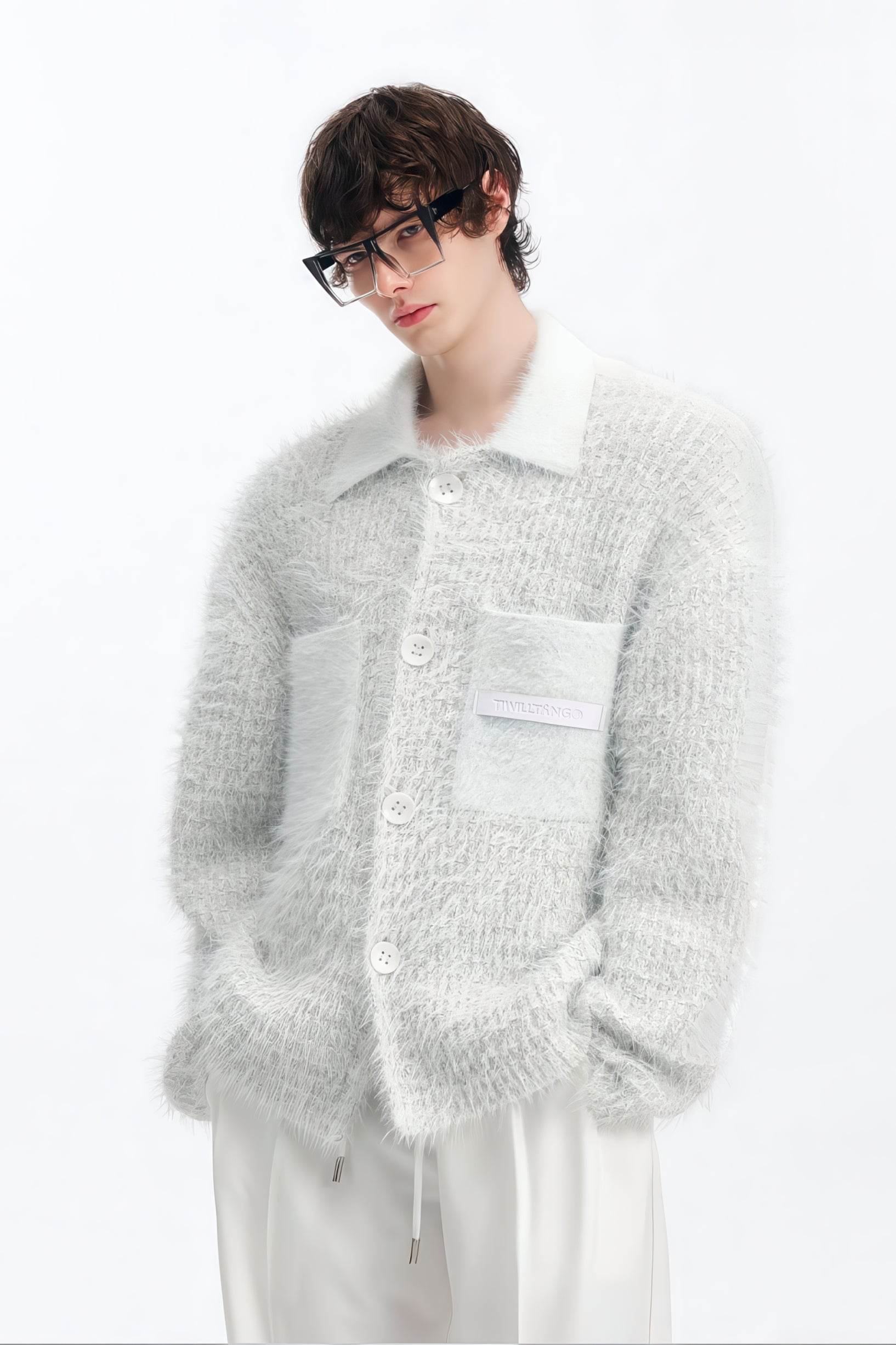 White Chunky Knit Cardigan - Ceramic Button & Shawl Collar Design - 4inme