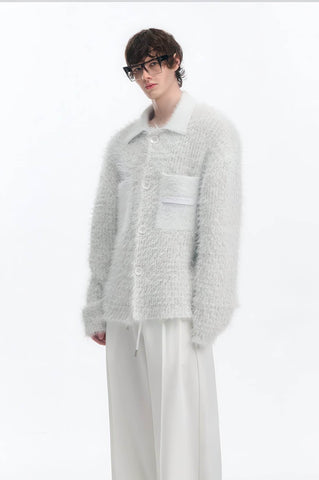 White Chunky Knit Cardigan - Ceramic Button & Shawl Collar Design - 4inme