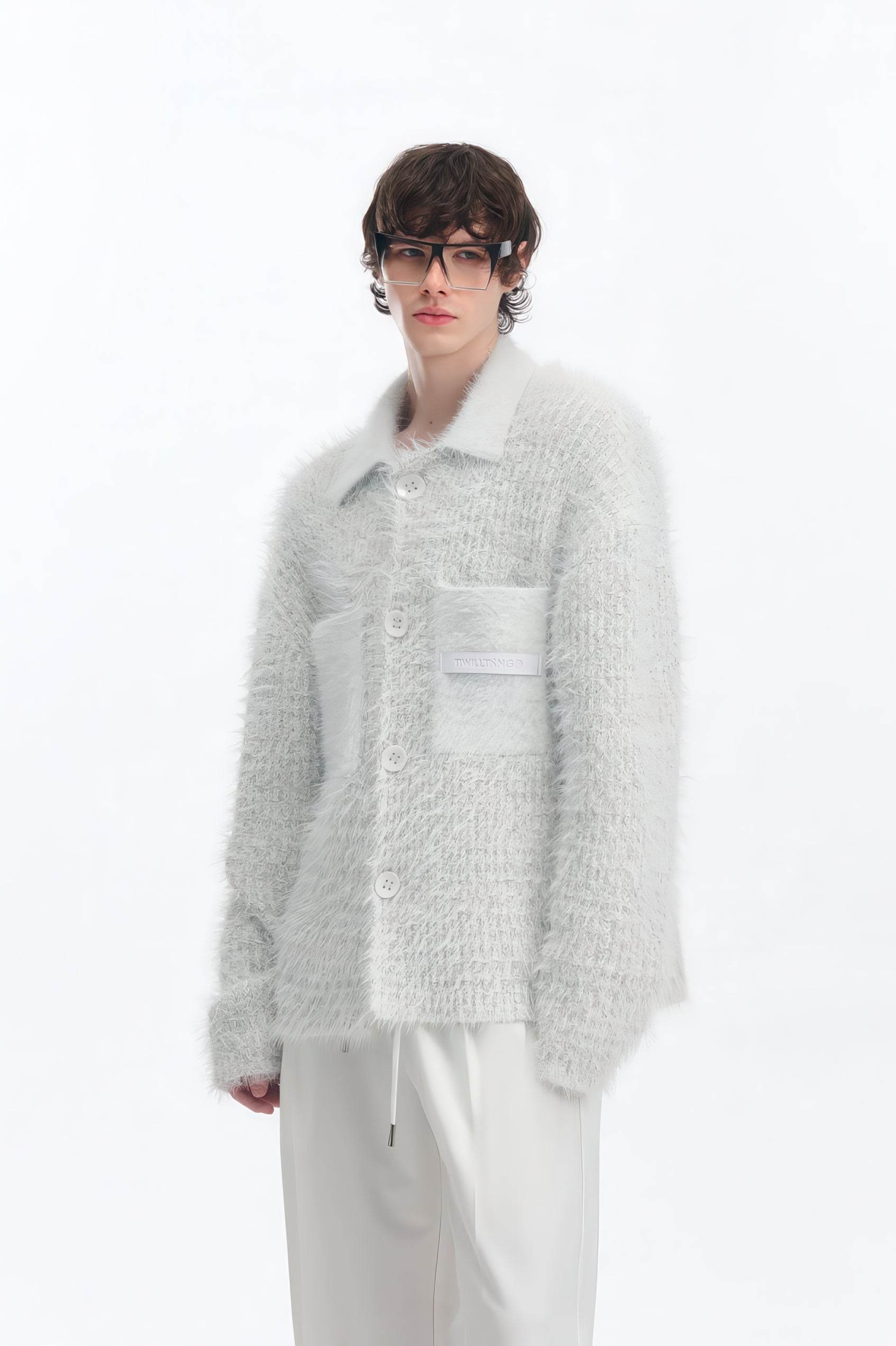 White Chunky Knit Cardigan - Ceramic Button & Shawl Collar Design - 4inme