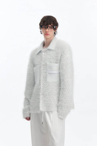 White Chunky Knit Cardigan - Ceramic Button & Shawl Collar Design - 4inme
