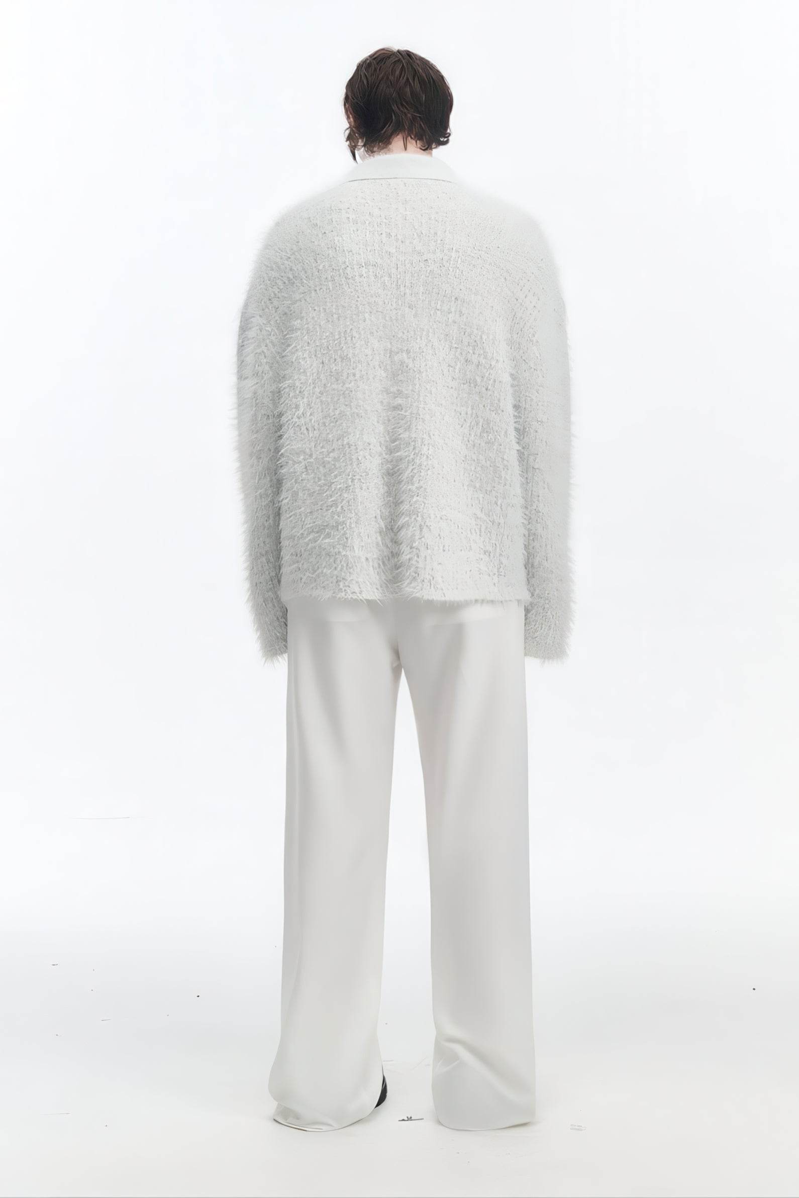 White Chunky Knit Cardigan - Ceramic Button & Shawl Collar Design - 4inme