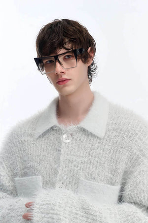 White Chunky Knit Cardigan - Ceramic Button & Shawl Collar Design - 4inme