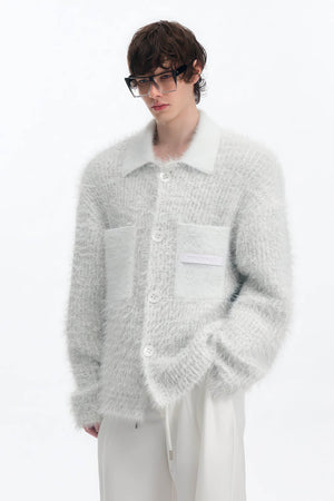 White Chunky Knit Cardigan - Ceramic Button & Shawl Collar Design - 4inme