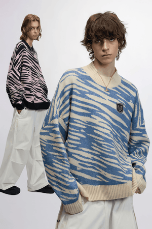 Winter Retro Zebra Knit Sweater – Embroidered Crew Neck for Couples - 4inme