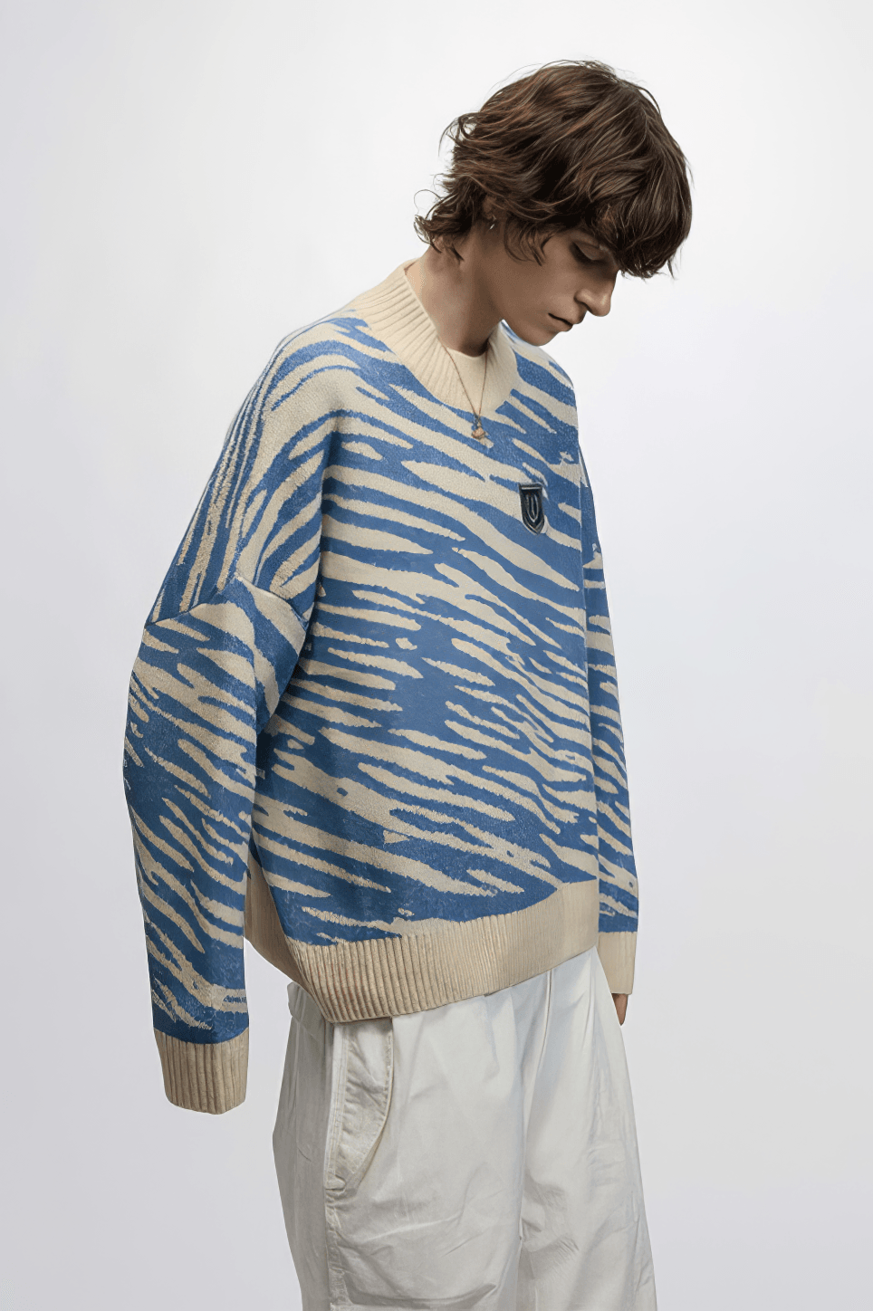 Winter Retro Zebra Knit Sweater – Embroidered Crew Neck for Couples - 4inme