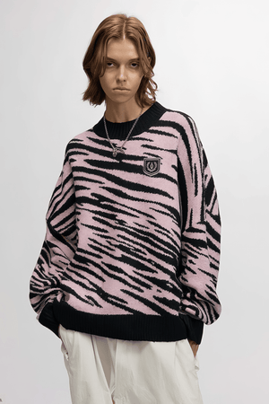 Winter Retro Zebra Knit Sweater – Embroidered Crew Neck for Couples - 4inme