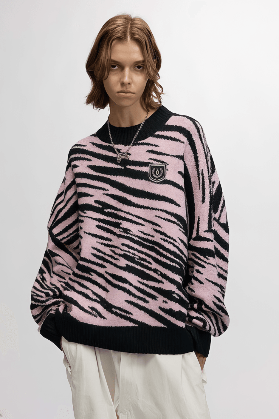 Winter Retro Zebra Knit Sweater – Embroidered Crew Neck for Couples - 4inme