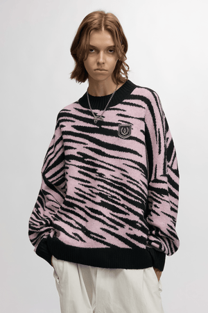 Winter Retro Zebra Knit Sweater – Embroidered Crew Neck for Couples - 4inme