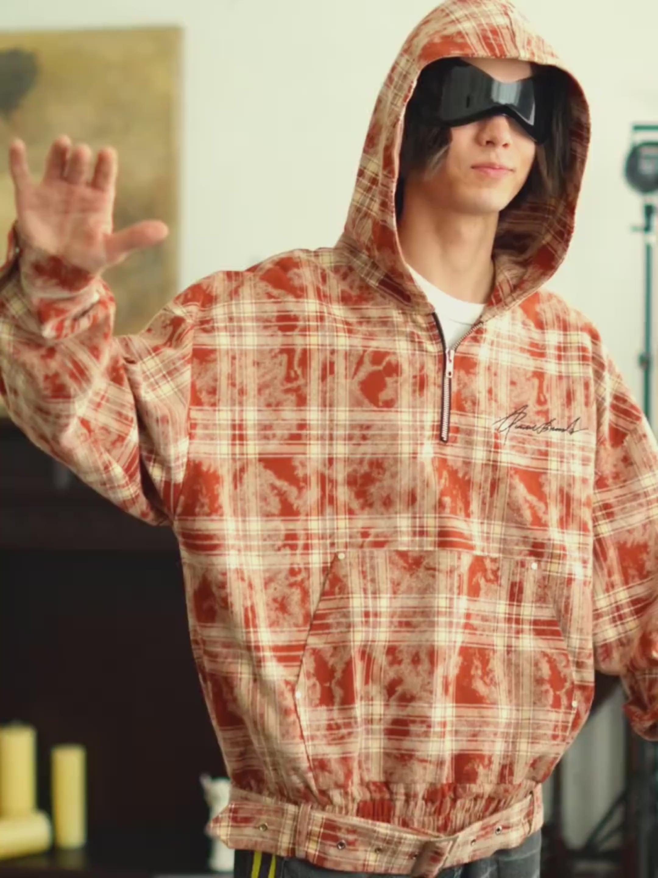 Tie-Dye Hoodie - Half-Zip Belted Checkered Loungewear